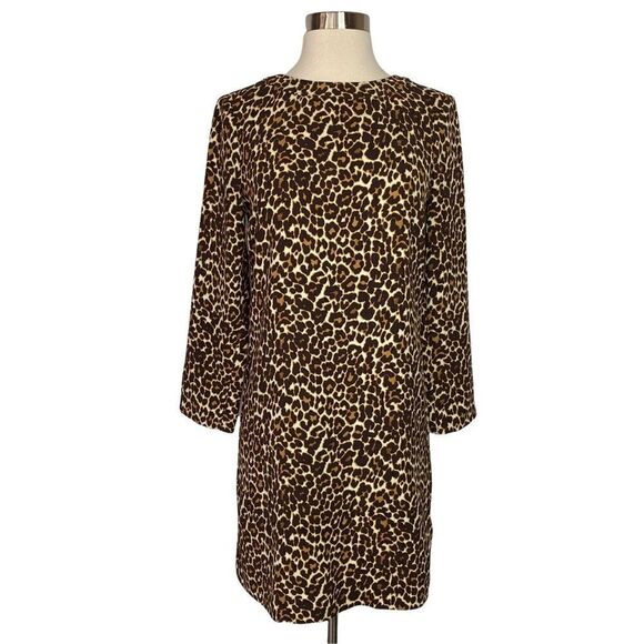 J Crew Factory Womens Leopard Print Dress Size 00 Long Sleeve Brown Tan - Picture 1 of 10